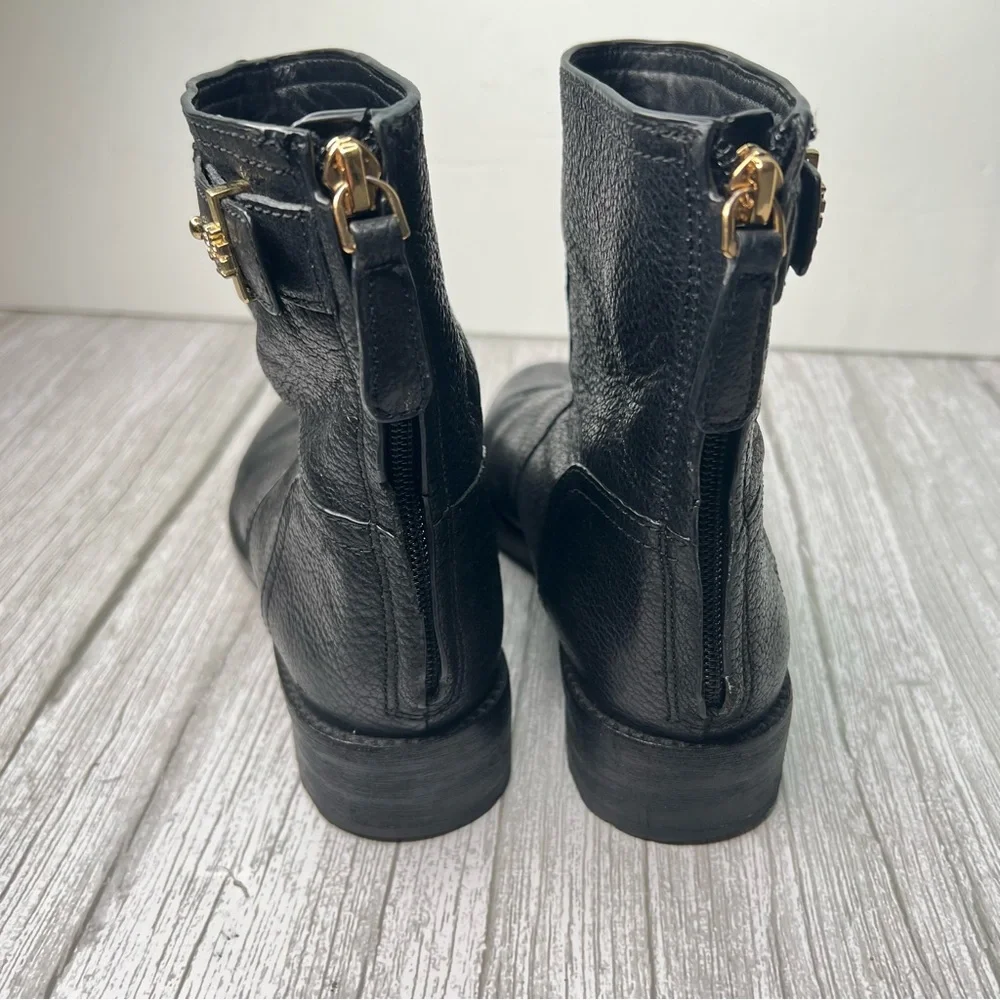 Tory Burch Selena Boots Bootie Black Metallic Distressed Reva Moto Zip Ankle